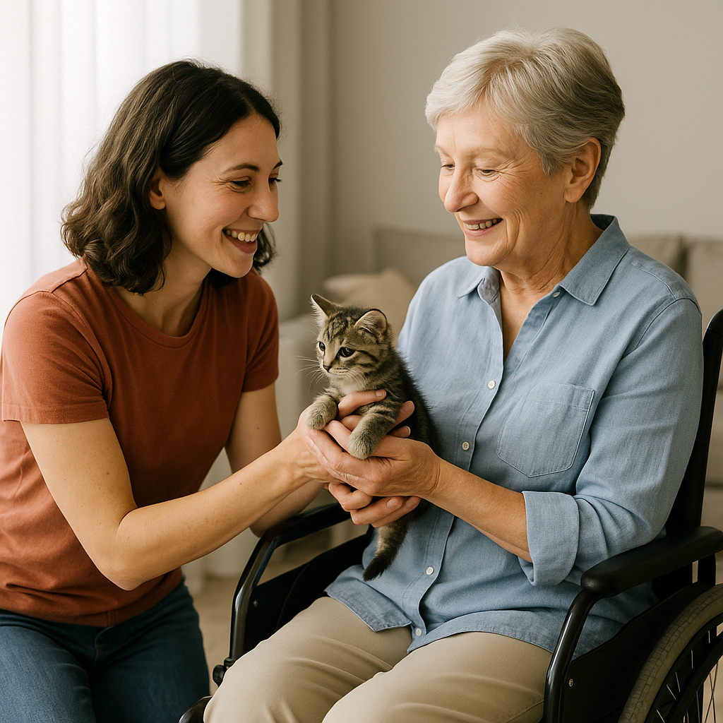 Cat being given to senior for comfort