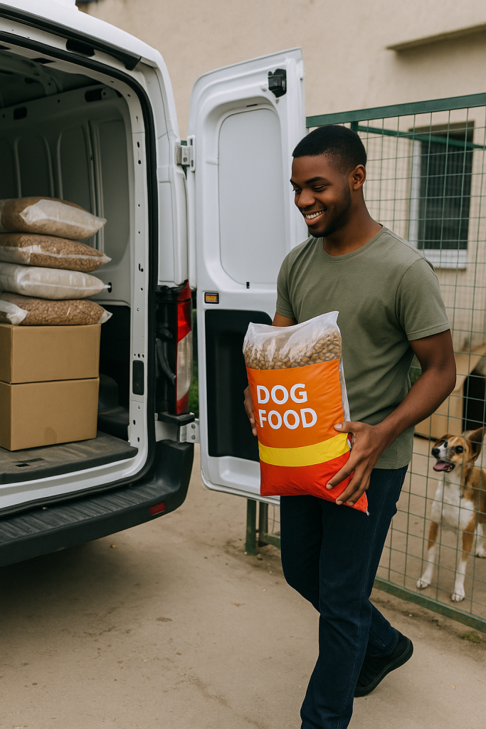 Helper helping by carrying dog food for one of our clients. 